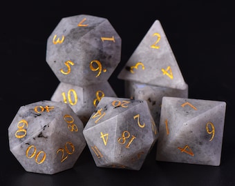 White Labradorite Dice Set: Gemstone D&D Dice for Tabletop Gaming