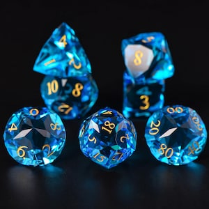 Dwarf Cut Face Aquamarine Gemstone Zircon Glass Premium DND Dice Set | Elegant Gemstone Gaming Accessory Perfect for Tabletop RPG Enthusiast