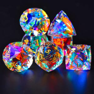 Rainbow Aura Zircon Glass Dice Set: Dungeons and Dragons Gemstone Dice
