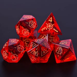 Hand Carved Blood Red Zircon Glass Dungeons and Dragons Dice Set | Polyhedral Dice| Role Polyhedra Gaming Dice Set | D&D Dice Set