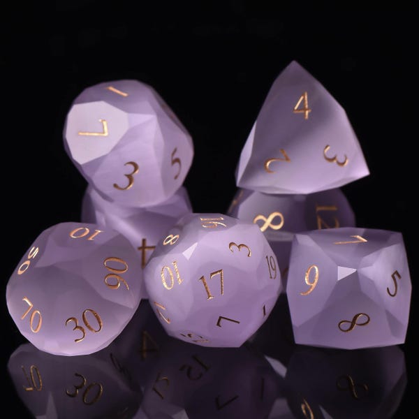 Purple Cat's Eye Gemstone Dice Set: Handcrafted Dwarf Cut D&D Dice
