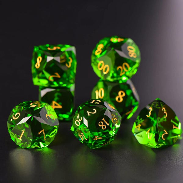 Set di dadi DND in vetro zircone smeraldo / taglio sfaccettato, gioco di ruolo da tavolo
