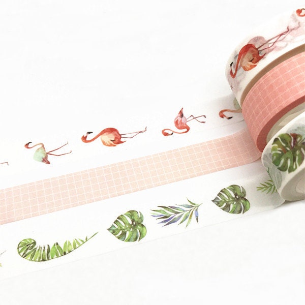 Set of 3 rolls washi tape, Plants Washi Tape, leaf Washi Tape, Leaves washi tape, Flamingos Washi Tape, Washi Tape