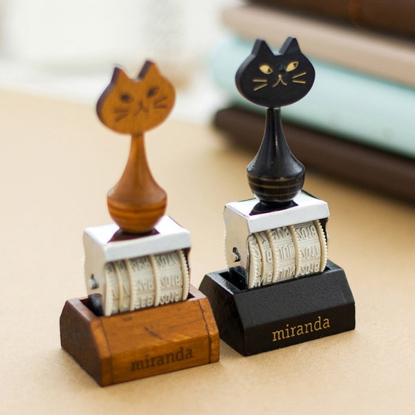 Date Stamp, Rubber Stamp, Cat Stamp, calendar stamp, animal stamp, rolling variable Date Stamp, wooden stamp, Kitty stamp, Kawai stamp