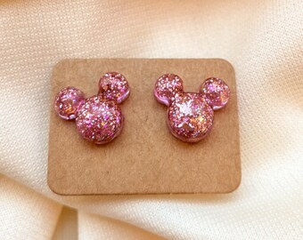 Pink Glitter Burst Mickey Mouse Stud Earrings | Disney Jewelry | Mickey Earrings | Resin Transparent Stud | Disney Glitter Earrings