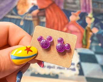 Subtle Glow in the Dark Mickey Mouse Stud Earrings | Disney Jewelry | Mickey Earrings | Resin Transparent Stud | Disney Glitter Earrings