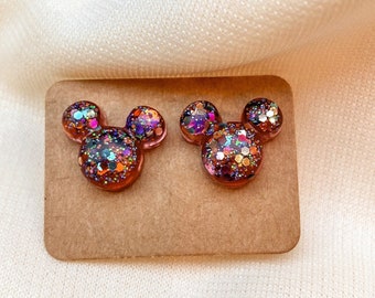 Multi Glitter Mickey Mouse Stud Earrings | Disney Jewelry | Mickey Earrings | Resin Transparent Stud | Disney Glitter Earrings