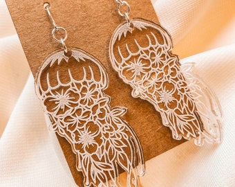 Acrylic Floral Jellyfish Earrings | Laser Cut | Laser Engraved | Animal Themed Jewelry