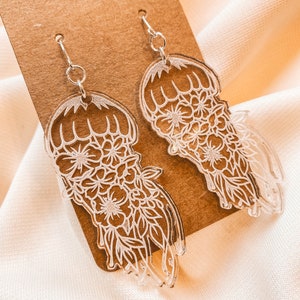 Acrylic Floral Jellyfish Earrings | Laser Cut | Laser Engraved | Animal Themed Jewelry