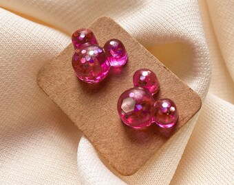 Hot Pink Mickey Mouse Stud Earrings | Disney Jewelry | Mickey Glitter Earrings | Resin Transparent Stud