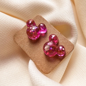 Hot Pink Mickey Mouse Stud Earrings | Disney Jewelry | Mickey Glitter Earrings | Resin Transparent Stud