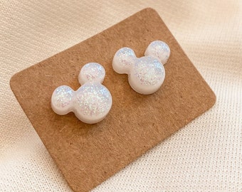 White as Snow Mickey Mouse Stud Earrings | Disney Jewelry | Mickey Earrings | Resin Glitter Stud | Disney Wedding Earrings