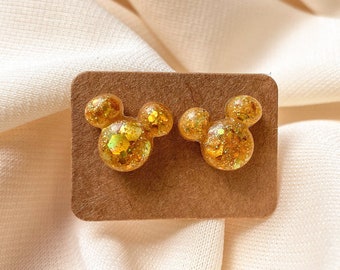 Golden Glitter Mickey Mouse Stud Earrings | Disney Jewelry | Mickey Glitter Earrings | Resin Transparent Stud