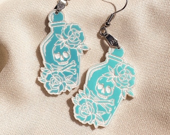 Poison Bottle Earrings | Reflective Acrylic with Skull, Bones, and Roses