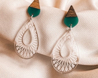 Chic Geometric Laser-Engraved Acrylic Earrings with Wood and Resin