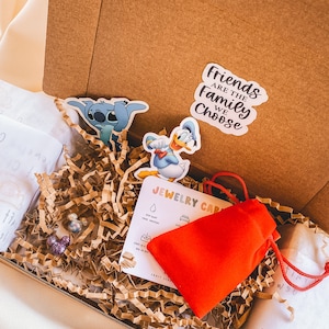 May include: A brown cardboard box filled with brown packing paper. The box contains a red pouch, two small colorful earrings, a card with the text "Jewelry Care" and three stickers. One sticker features Stitch from Lilo & Stitch, another features Donald Duck, and the third sticker says "Friends are the family we choose."