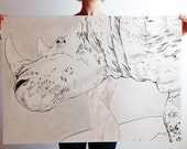 large art print nude drawing - big mixed media artwork - animal print illustration - home sweet home gift- living room wall decor -
