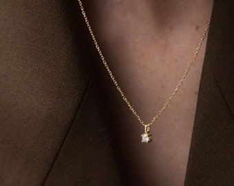 Genuine solitaire round brilliant diamond 18K yellow solid gold necklace, tiny real diamond pendant prong, dainty gold necklace