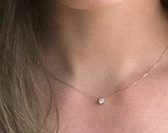 Genuine solitaire round brilliant diamond 18K yellow solid gold necklace, tiny real diamond 0.20ct pendant prong, dainty gold necklace