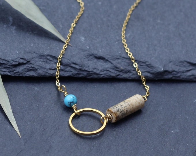 Short gold necklace, minimalist dainty necklace with turquoise, jasper jewelry, Emma et moi