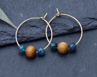 Golden hoops earrings, wooden earrings, natural stones, blue apatite,  spiritual gift, Emma et moi jewellery
