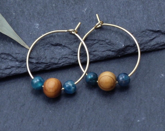 Golden hoops earrings, wooden earrings, natural stones, blue apatite,  spiritual gift, Emma et moi jewellery