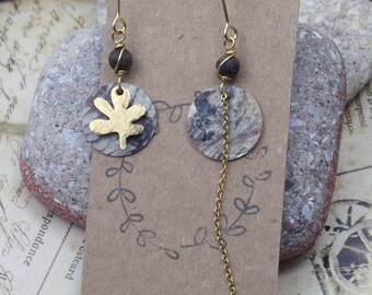 Golden mismatched petite leaf earrings, mismatched dangle drops, botanical earrings, Emma et moi jewellery