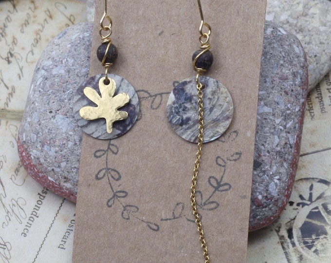 Golden mismatched petite leaf earrings, mismatched dangle drops, botanical earrings, Emma et moi jewellery