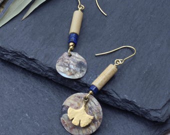 Golden mismatched Ginkgo leaf earrings, mismatched dangle drops, jasper earrings, Emma et moi jewellery