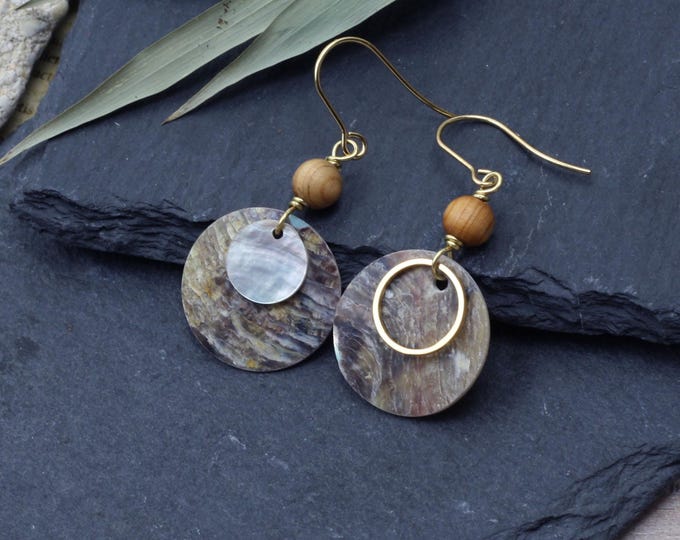 Golden mismatched circle earrings, mismatched dangle drops, wood shell earrings, Emma et moi jewellery