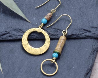 Gold earrings, minimalist dainty asymmetrical dangles with turquoise, jasper jewelry, Emma et moi