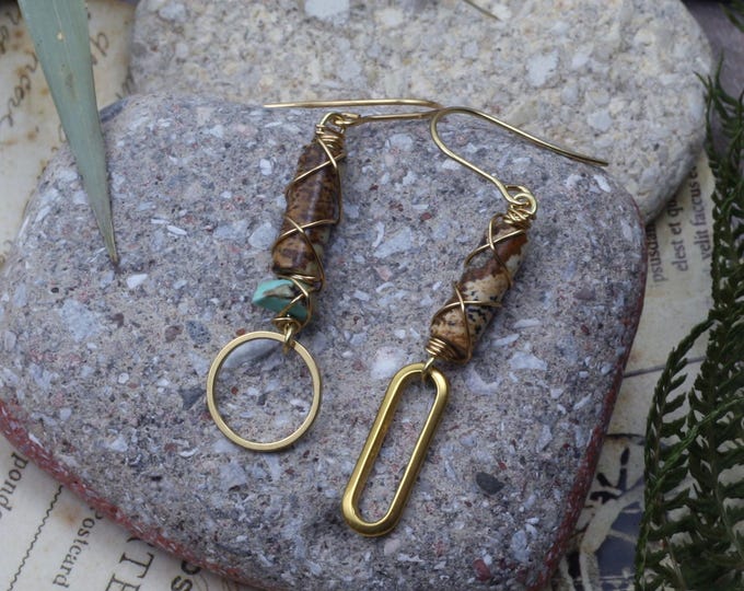 Golden mismatched petite earrings, geometric dangle drops, turquoise jasper earrings, Emma et moi jewellery