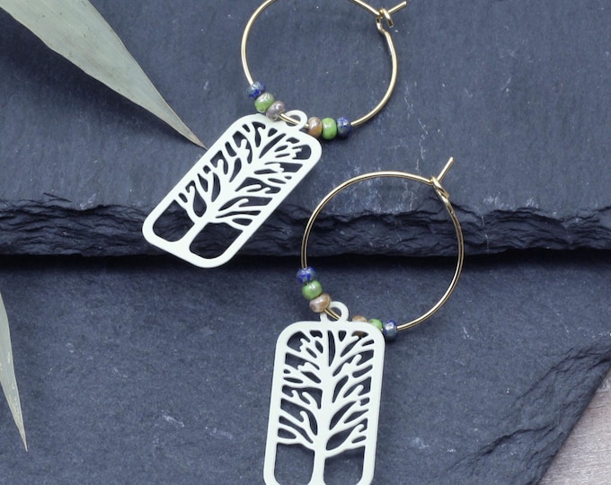 Tree of life - golden white hoop earrings, modern dangle enameled drops, Emma et moi jewellery