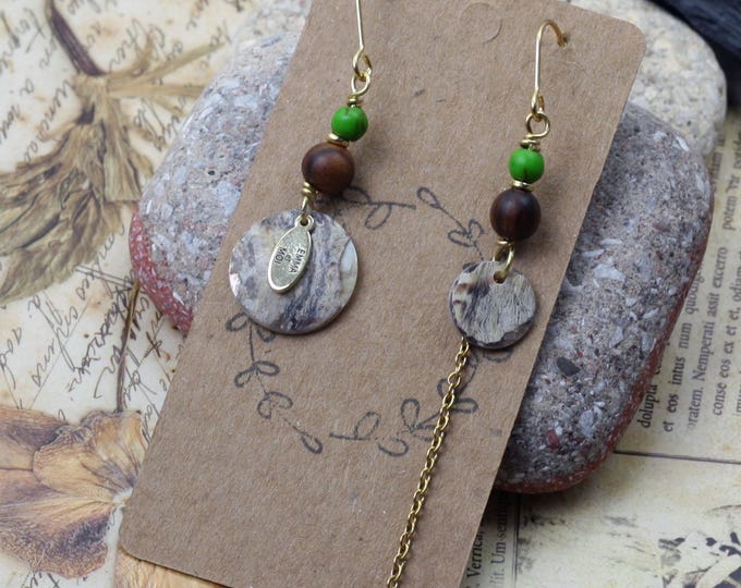 Golden mismatched shell earrings, green mismatched dangle drops, circles earrings, Emma et moi jewellery