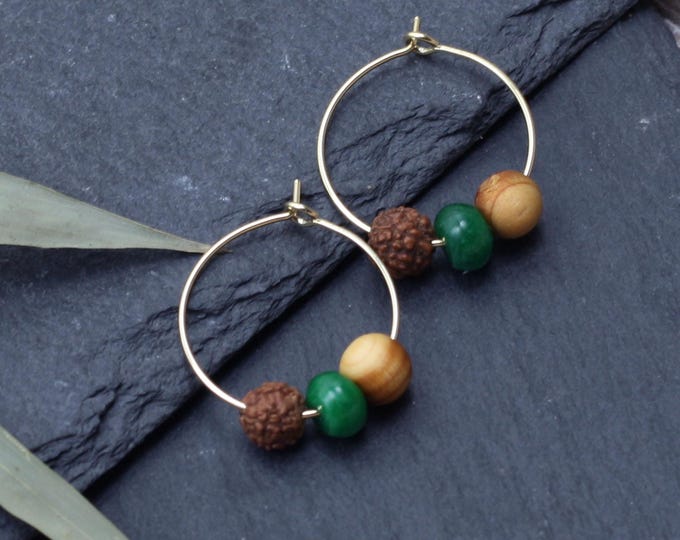 Rudraksha golden hoops earrings, wooden earrings, natural stones, spiritual gift, Emma et moi jewellery