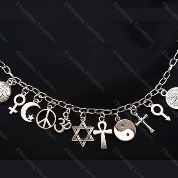 BRACELET À CHARM COEXIST Deluxe Chaîne argentée avec breloques pour représenter toutes les personnes vivant ensemble en harmonie, sécurisée avec un fermoir mousqueton