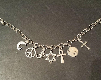COEXIST CHARM BRACELET, Silver Tone Chain with Charms to Represent all People Living Together in Harmony, Secured with a Lobster Clasp.