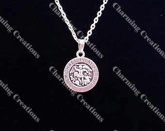 St SAINT MICHAEL Silver Tone PENDANT Hung on a 925 Sterling Silver Cable Link Necklace Chain Secured with a Lobster Clasp.