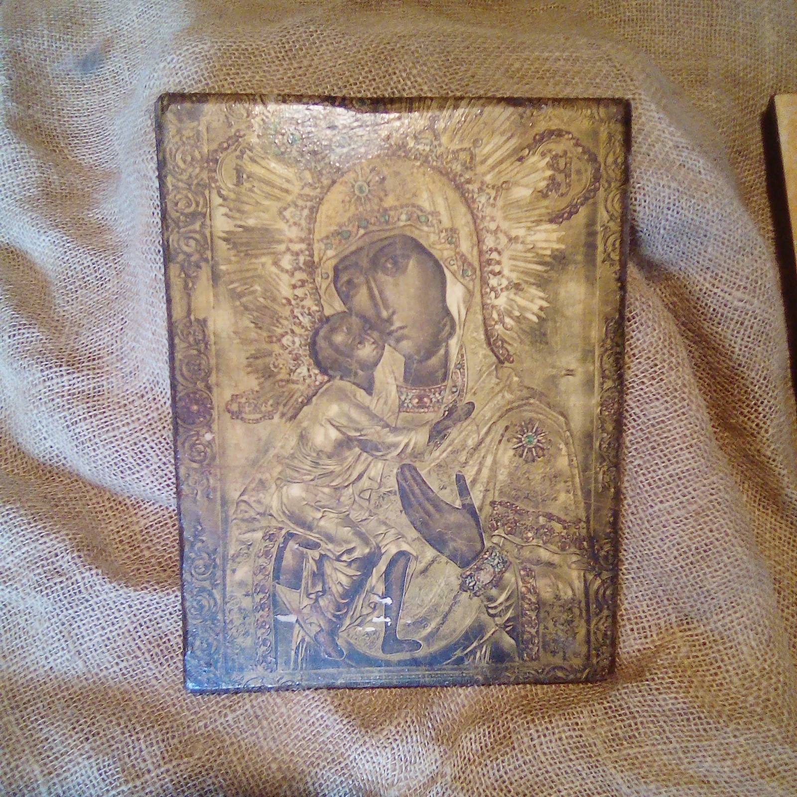 Icône Religieuse Vintage sur Bois Vierge à L'enfant Grecque/Russe Orthodoxe Accrochage Mural Décorat