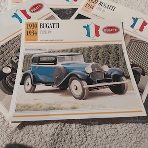 Carte photo de voiture de collection BUGATTI vintage, spécification, image, automobile ancienne, cadeau de collection - carte française