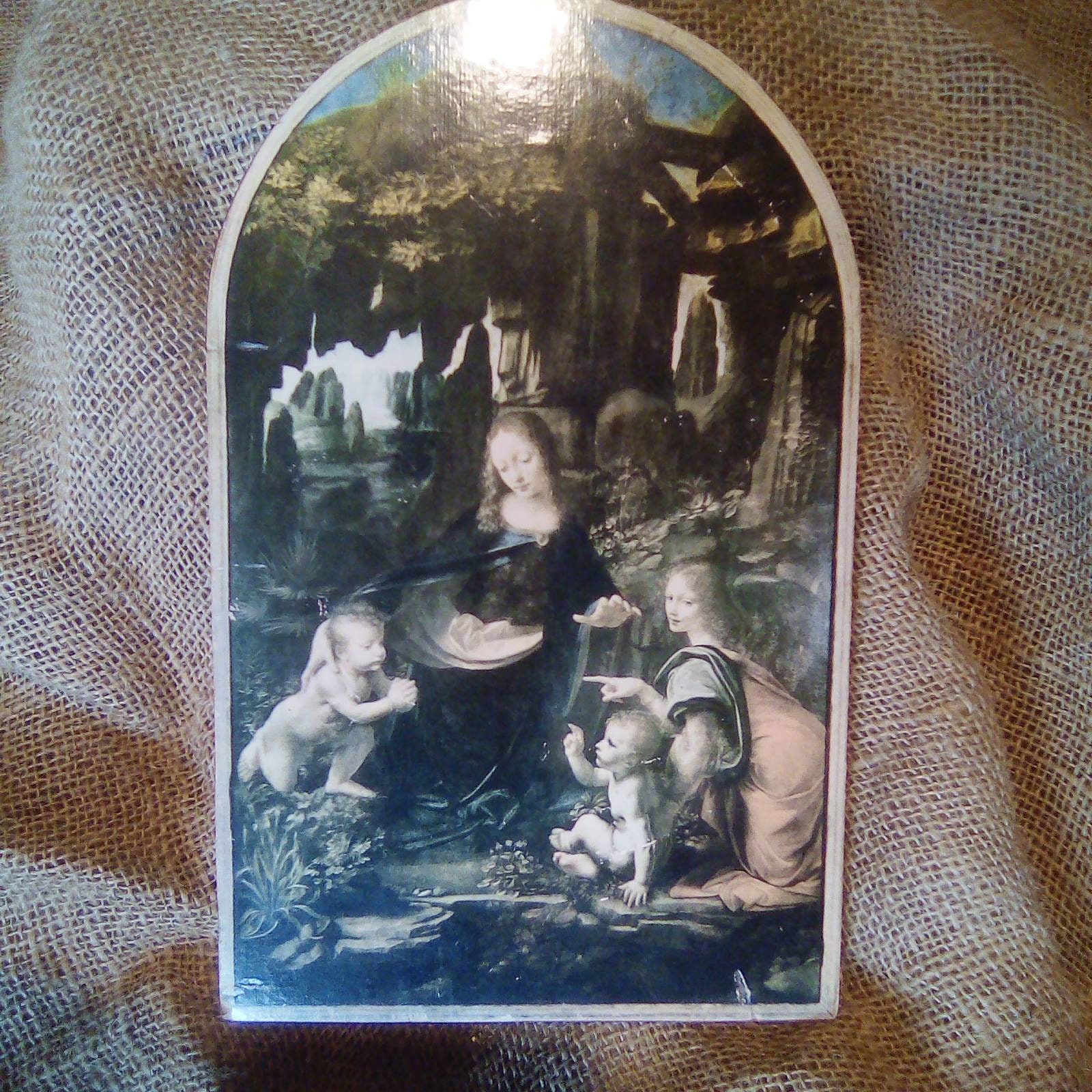 Icône Religieuse Vintage sur Bois avec La Vierge Aux Rochers Madonna et Chérubins de Léonard Vinci