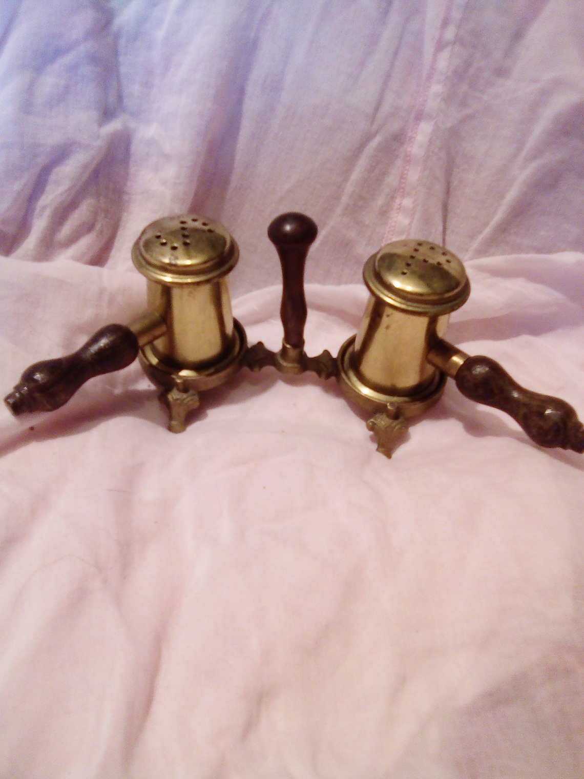 Unusual salt and pepper pots with stand in brass with wooden Etsy