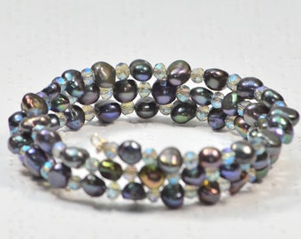 Freshwater Black Pearl Wrap Bracelet, Crystal and Pearl Bracelet, Bridesmaid Gift