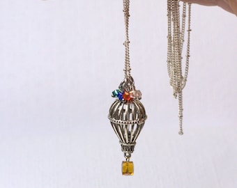 Hot Air Balloon Necklace, Rainbow Hot Air Balloon Jewelry, Adventure Necklace, Long Necklace, Travel Jewelry, Silver Satellite Chain