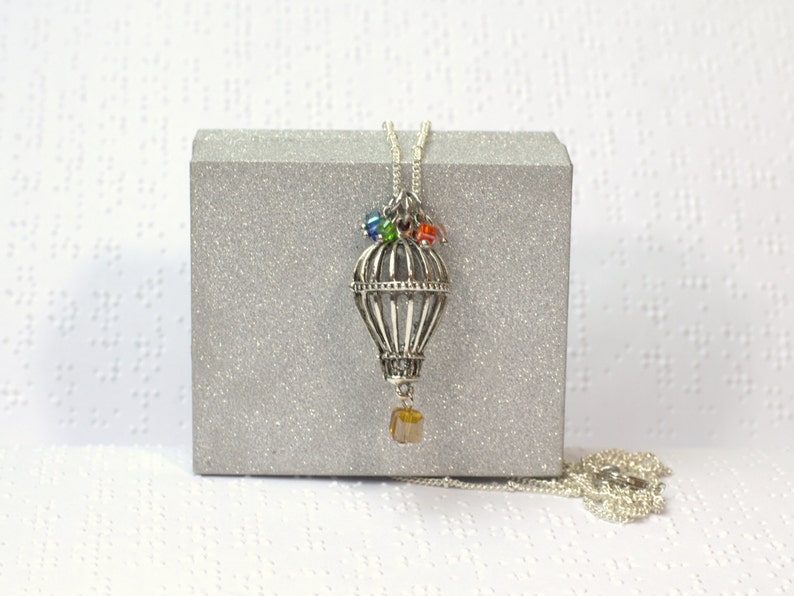 Hot Air Balloon Necklace, Rainbow Hot Air Balloon Jewelry, Adventure Necklace, Long Necklace, Travel Jewelry, Silver Satellite Chain image 2