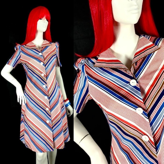 Vintage 1970s chevron stripe midi cotton shirt dr… - image 1