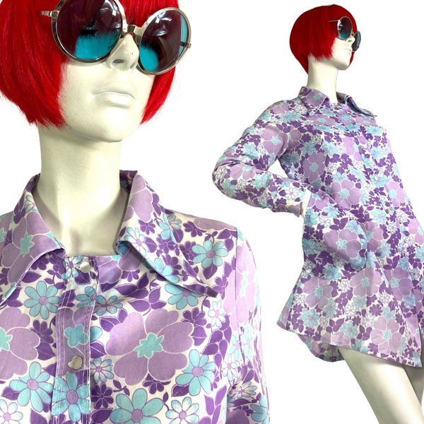 1960s vintage Mod flower pop shirt mini dress / 70s / Dollybird / Biba / summer dress