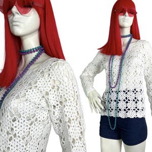 1970s vintage white cotton crochet top / shirt / 60s Hippie / summer / Mod