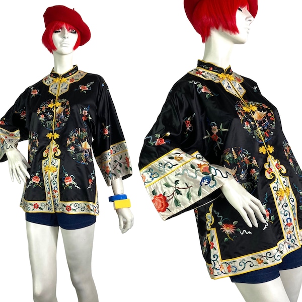 Vintage 1960s black silk satin traditional Chinese jacket / Nehru / Gothic / Victoriana