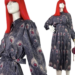 LIBERTY vintage 80s peacock print wool shirt dress / 40s style / pockets / belt / Goodwood